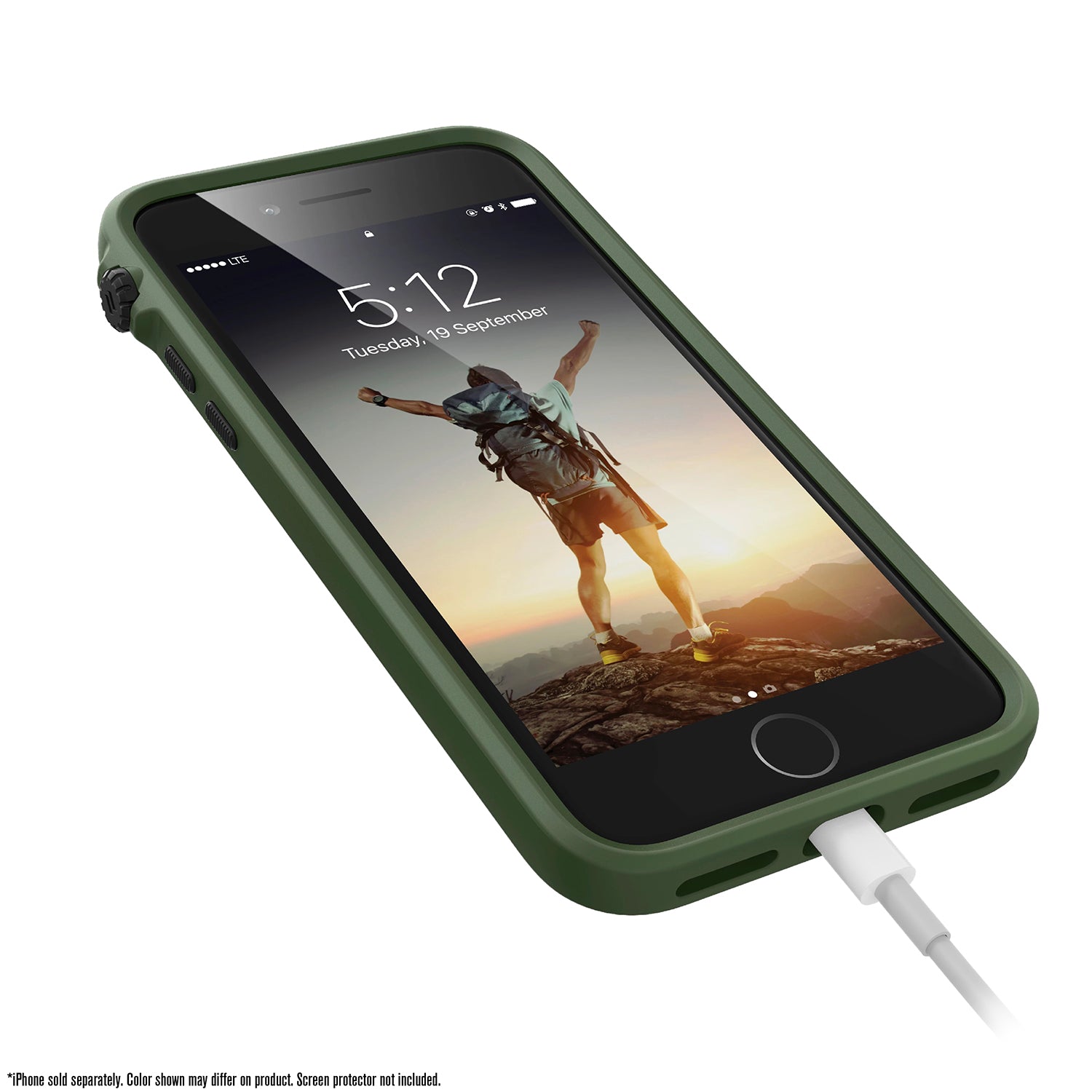 Catalyst iphone 8/7 impact protection case showing the phone while charging in a army green colorway