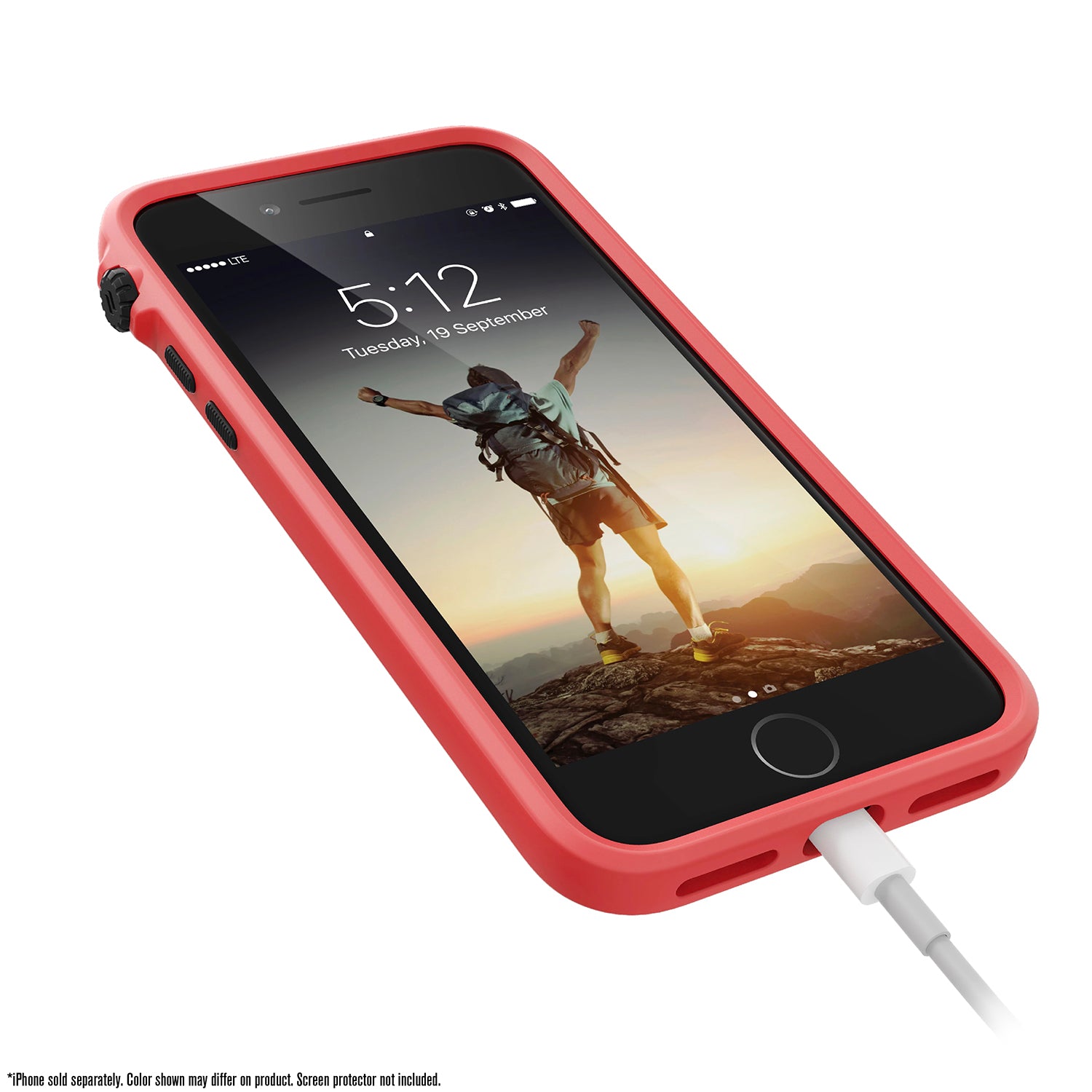 Catalyst iphone 8/7 impact protection case showing the phone while charging in a coral colorway
