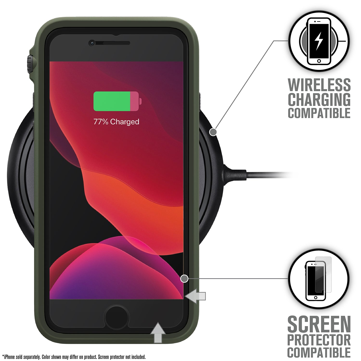 Catalyst iphone 8/7 impact protection case showing the phone while charging in a stealth black colorway 