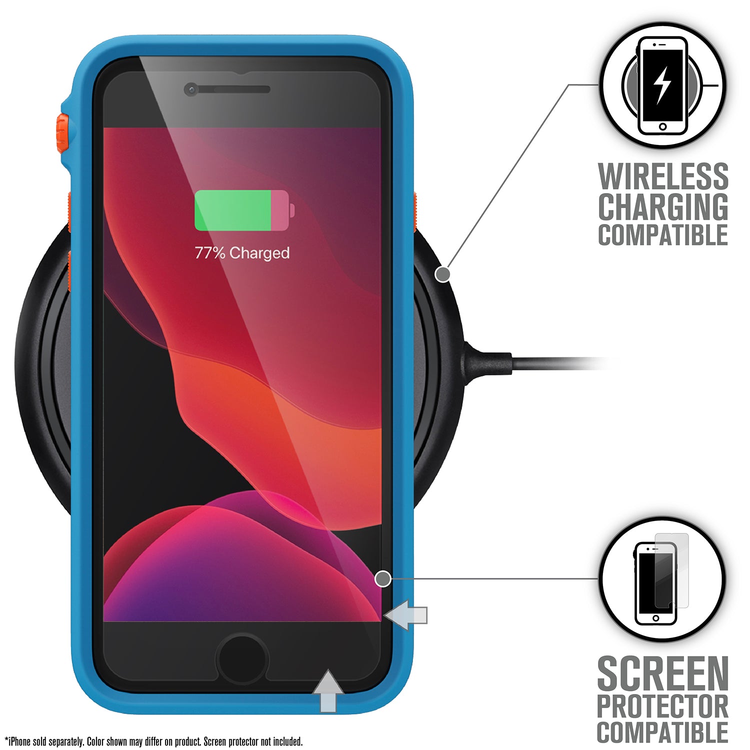 Catalyst iphone 8/7 impact protection case showing wireless charging in a blueridge sunset colorway text reads wireless charging compatible screen protector compatible