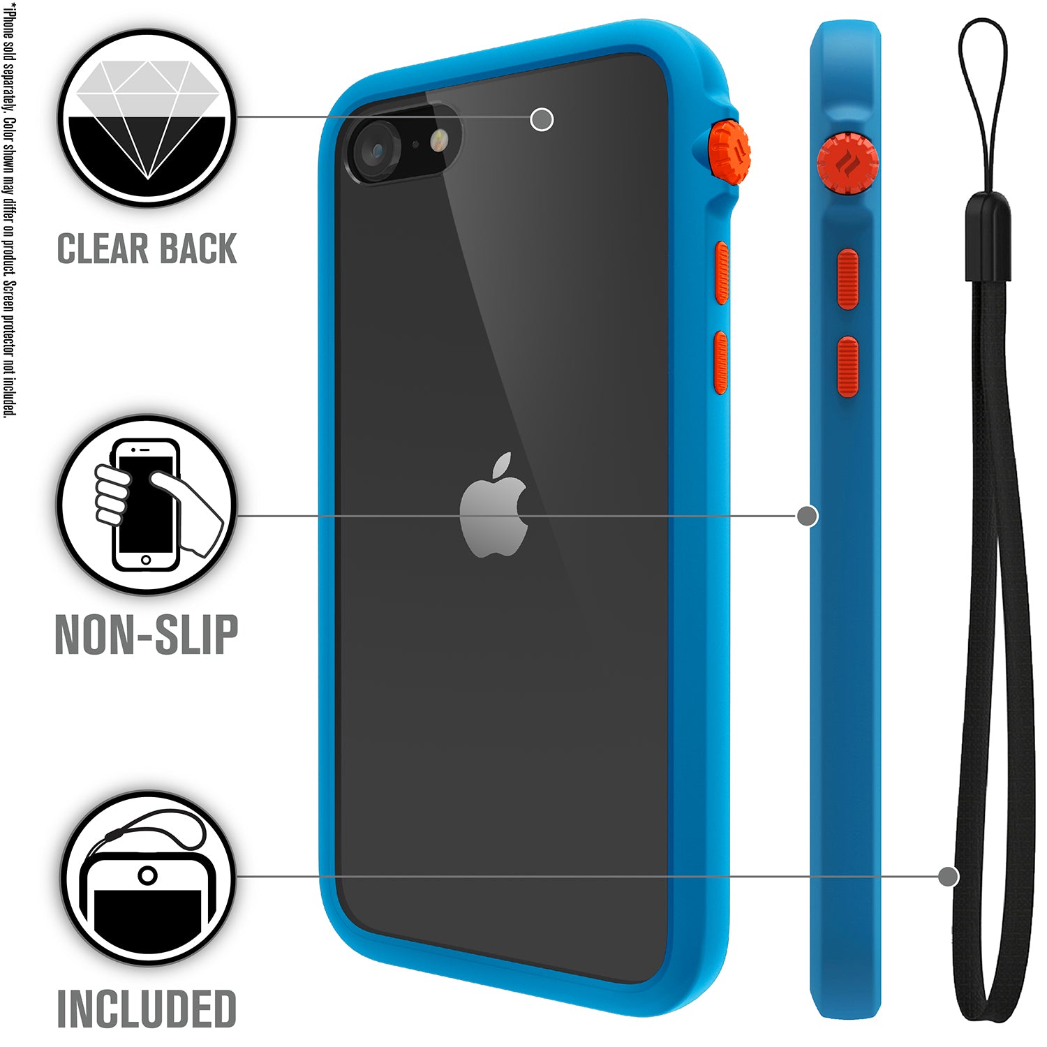 Catalyst iphone 8/7 impact protection case showing the case features with lanyard in a blueridge sunset colorway text reads clear back non-slip included