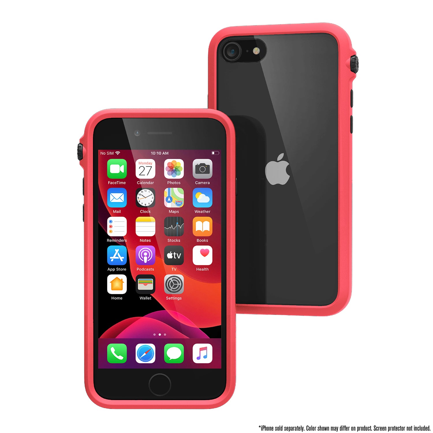 Catalyst iphone 8/7 impact protection case showing the front and back view of the case in coral colorway