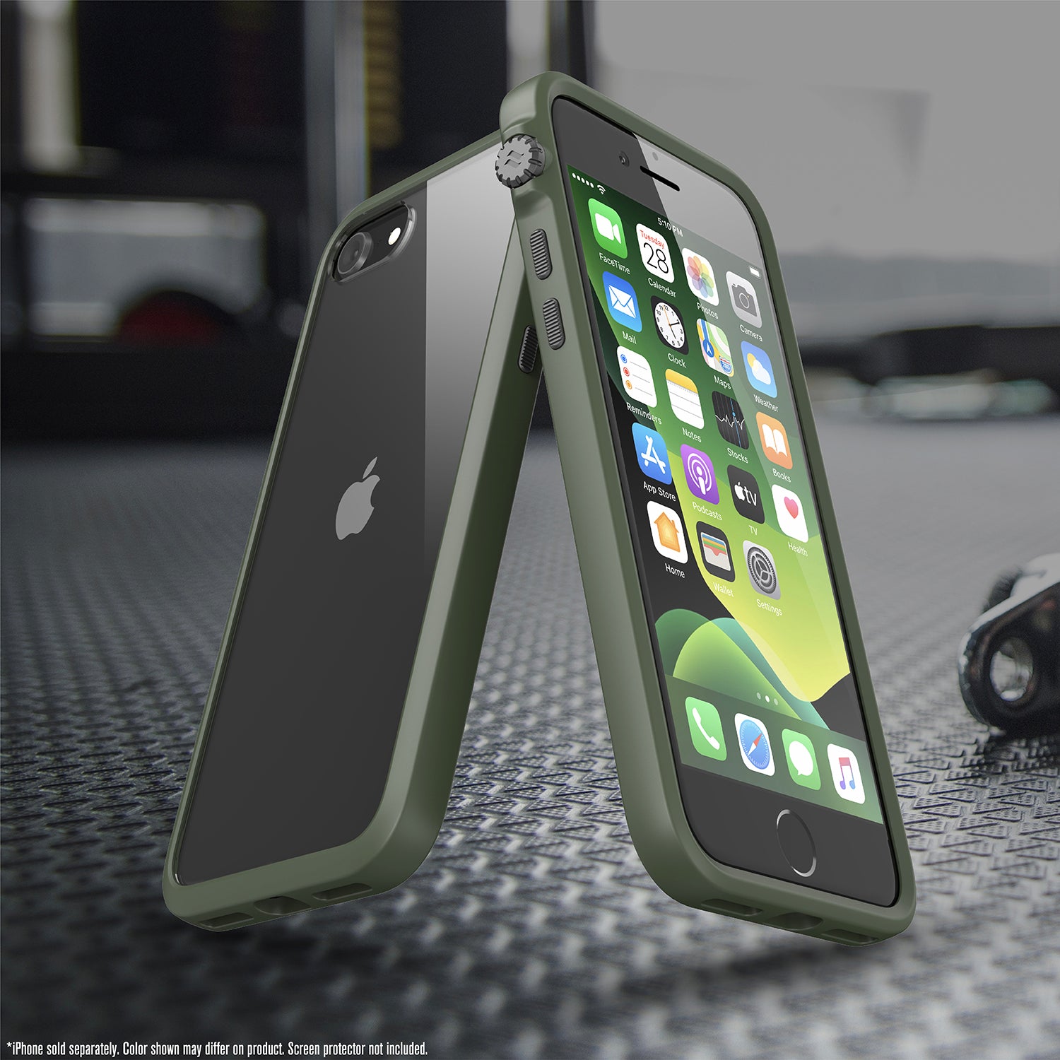Catalyst iphone 8/7 impact protection case showing two cases leaning towards each other in a army green colorway