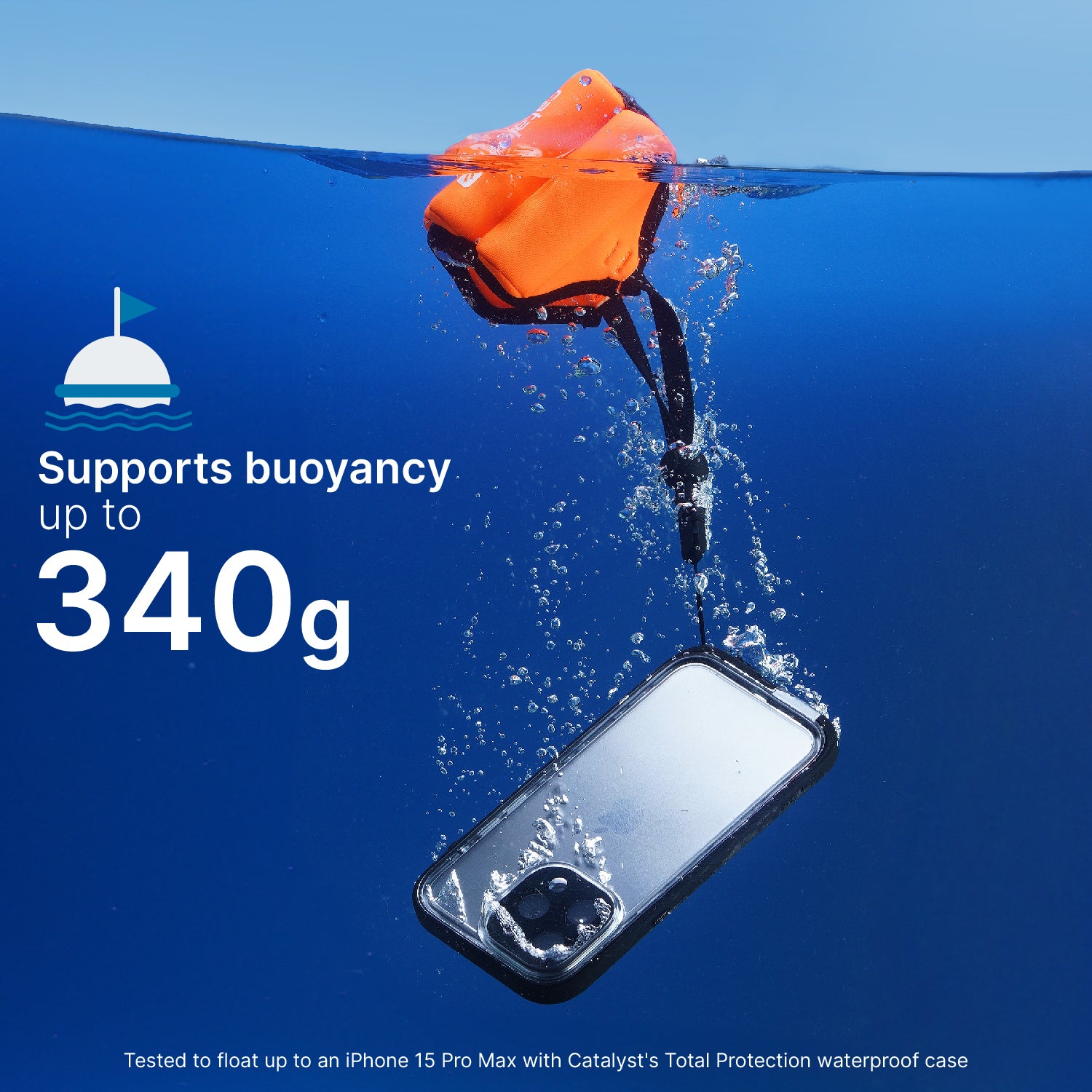 Catalyst Orange Wrist Floating Lanyard attached to waterproof case for iPhone supports buoyancy up to 340g