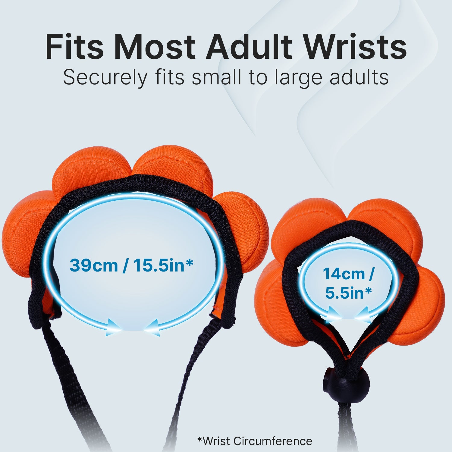 Catalyst Orange Wrist Floating Lanyard showing the wrist size range of the floating lanyard 14cm/5.5in to 39cm/15.5in