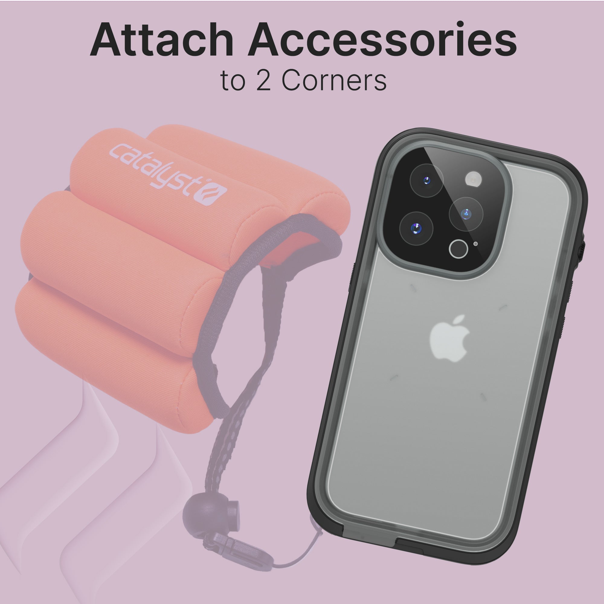 CATIPHO14BLKL-FBA | Catalyst iPhone 14 Plus Waterproof Case Total Protection case showing attachment to 1 out of 2 available corners with an orange Catalyst floating wrist lanyard.