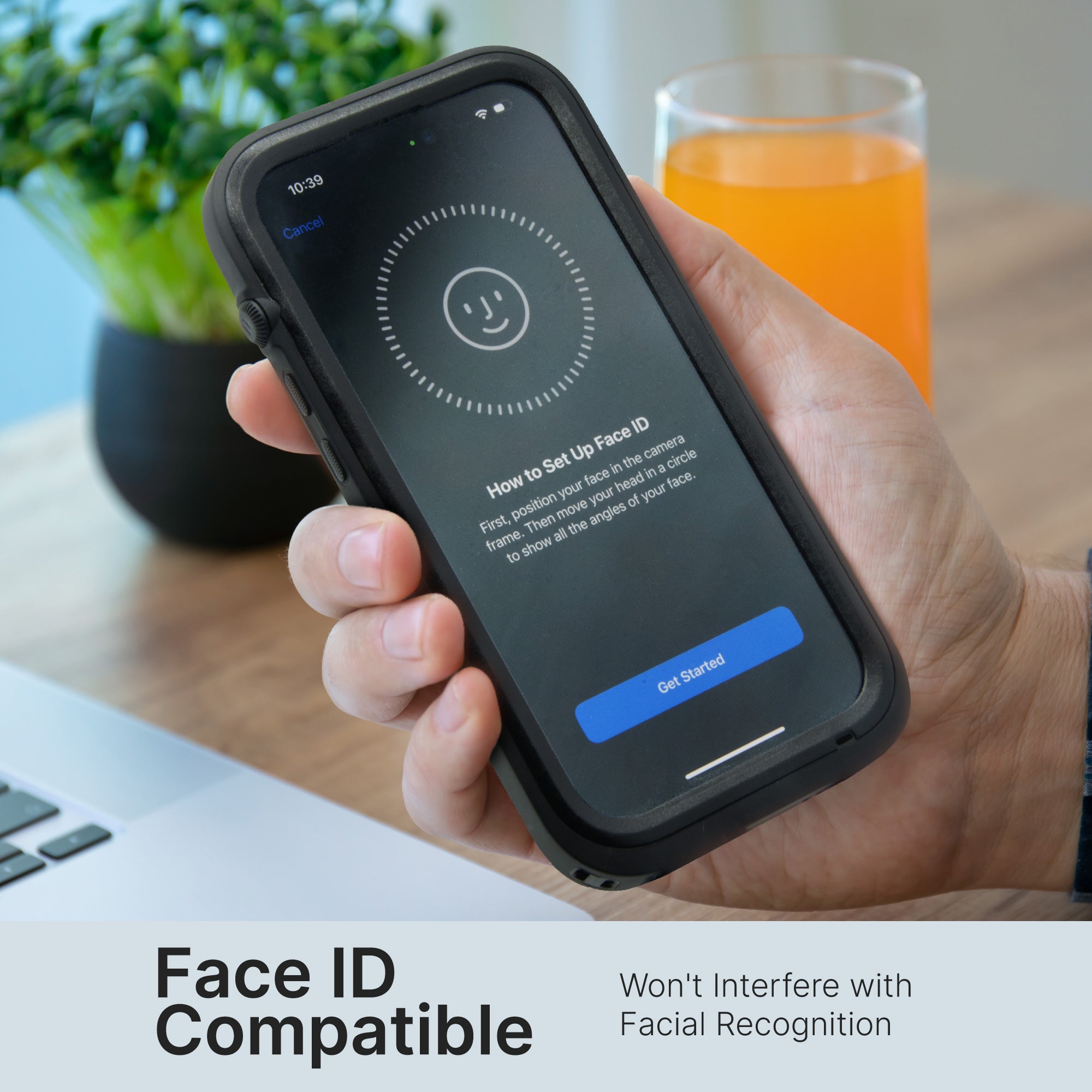 CATIPHO14BLKL-FBA | Catalyst iPhone 14 Plus Waterproof Case Total Protection case showing FaceID face recognition works & does not interfere with device inside case