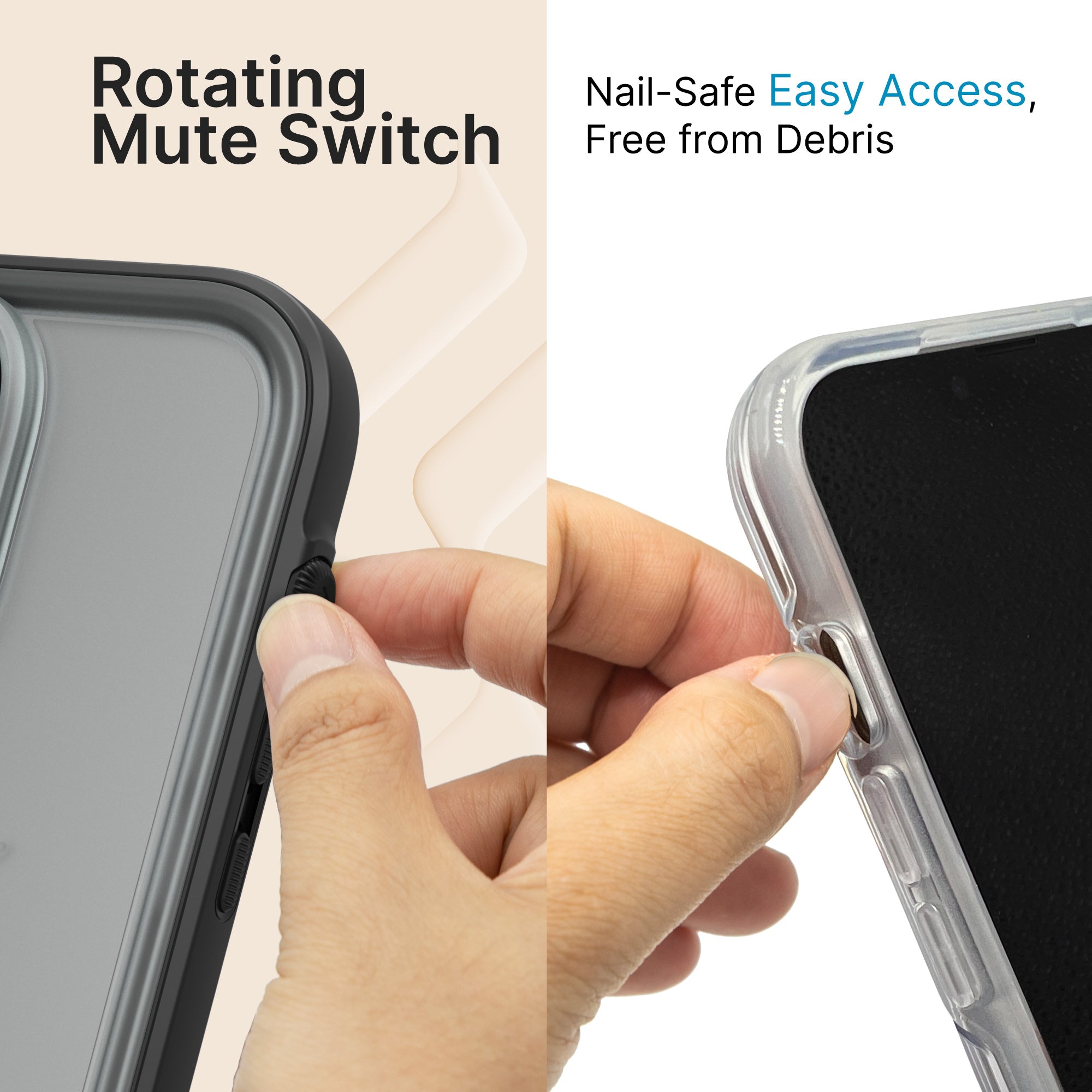 CATIPHO14BLKLP-FBA | Catalyst iPhone 14 Pro Max Waterproof Case Total Protection case showing finger Rotating Mute Switch that is easy to use instead of digging finger nails into a slot to toggle mute switch shown and accumulating dirt.