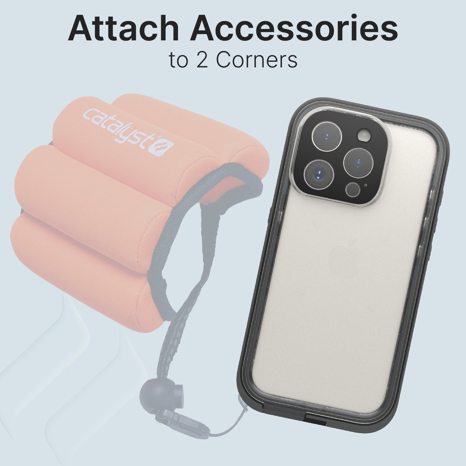CATIPHO15GRYLP-FBA | Catalyst iPhone 15 Pro Max Waterproof Case Total Protection Floating Wrist Lanyard attached to one of the 2 corners of case