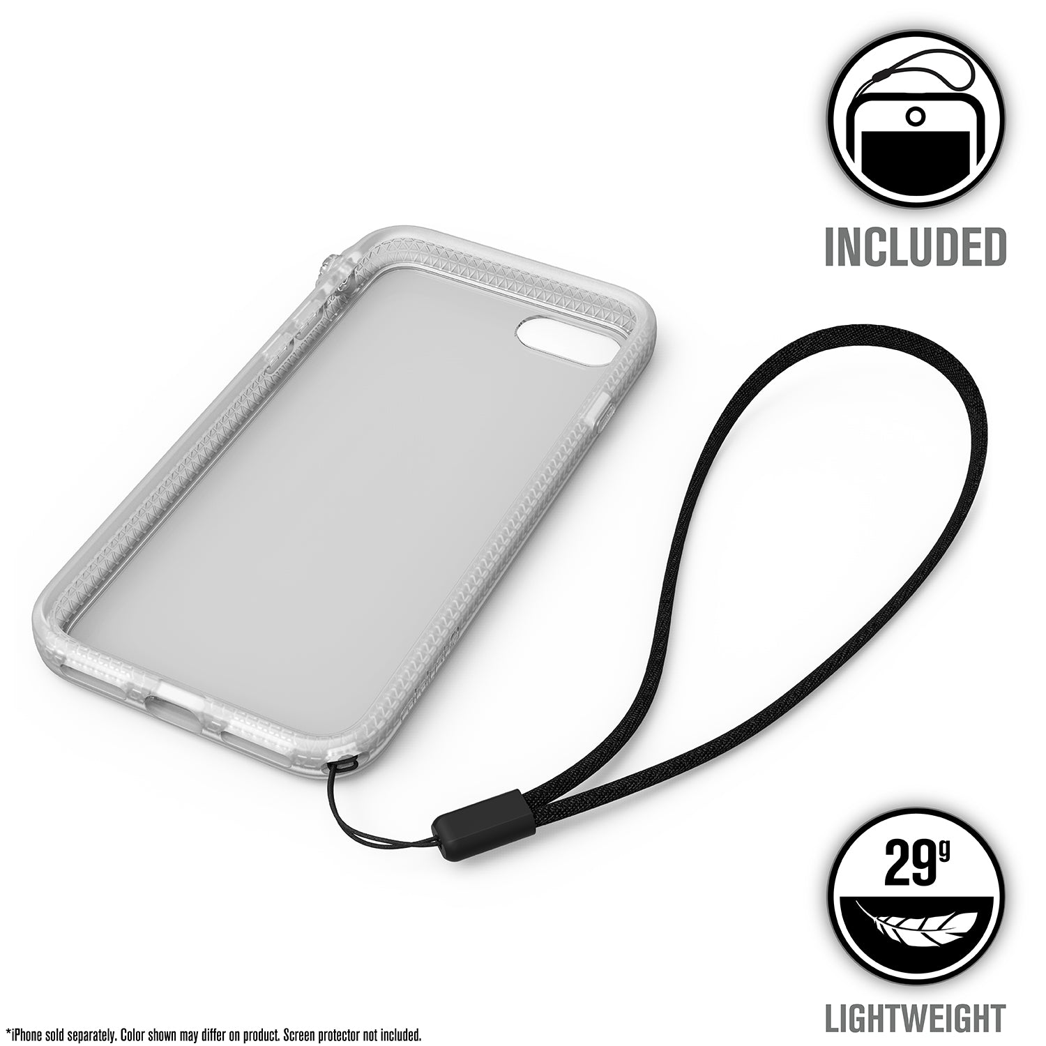 Catalyst iphone 8/7 impact protection case showing the back view of the case with lanyard attached in a clear colorway text reads included 29g lightweight