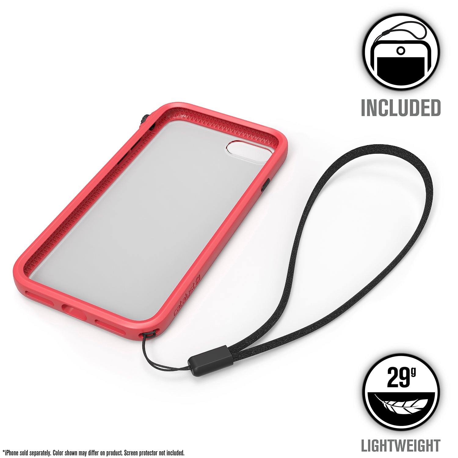 Catalyst iphone 8/7 impact protection case showing the back view of the case with lanyard attached in a coral colorway text reads included 29g lightweight 