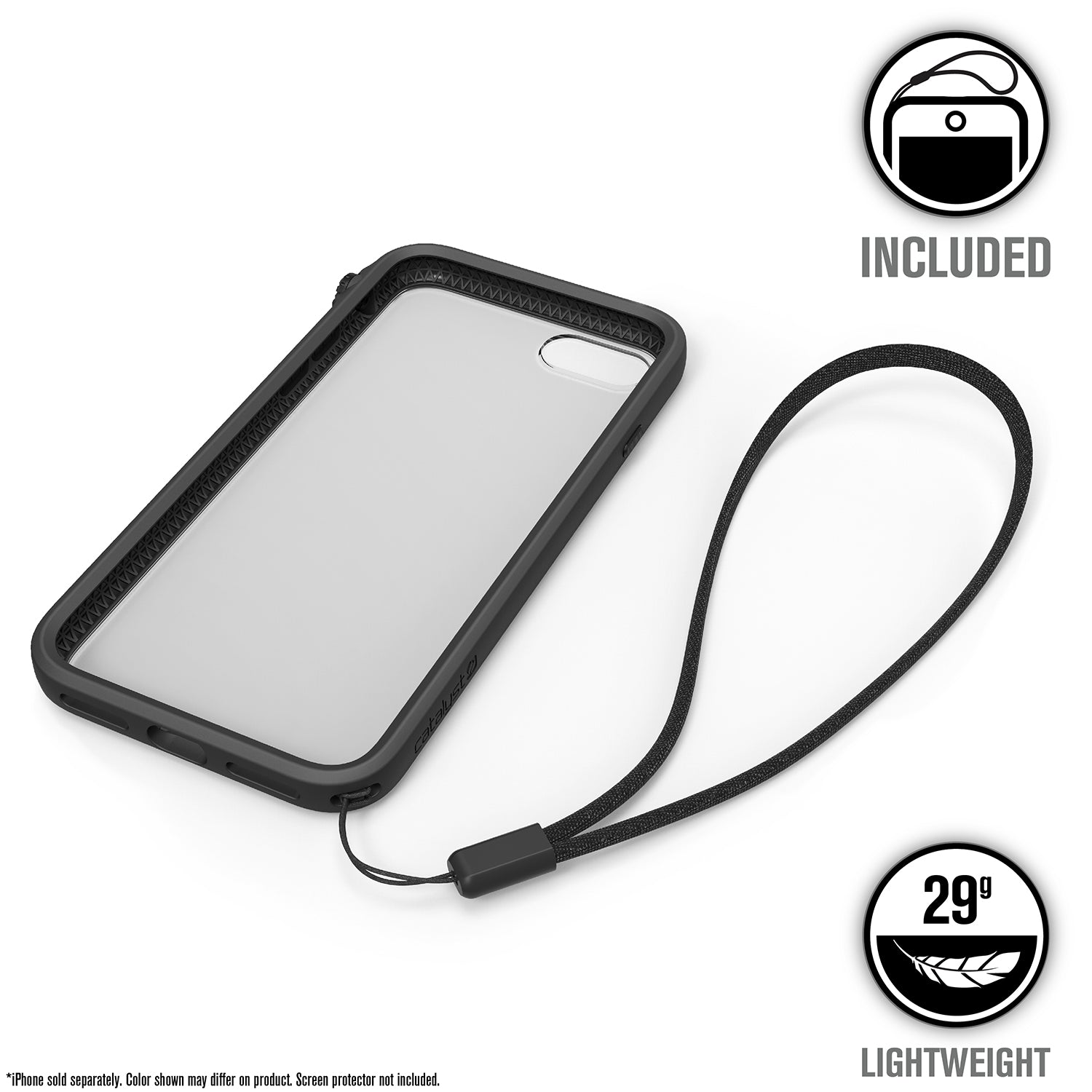 Catalyst iphone 8/7 impact protection case showing  the back view of the case with lanyard attached in a stealth black colorway text reads included 29g lightweight