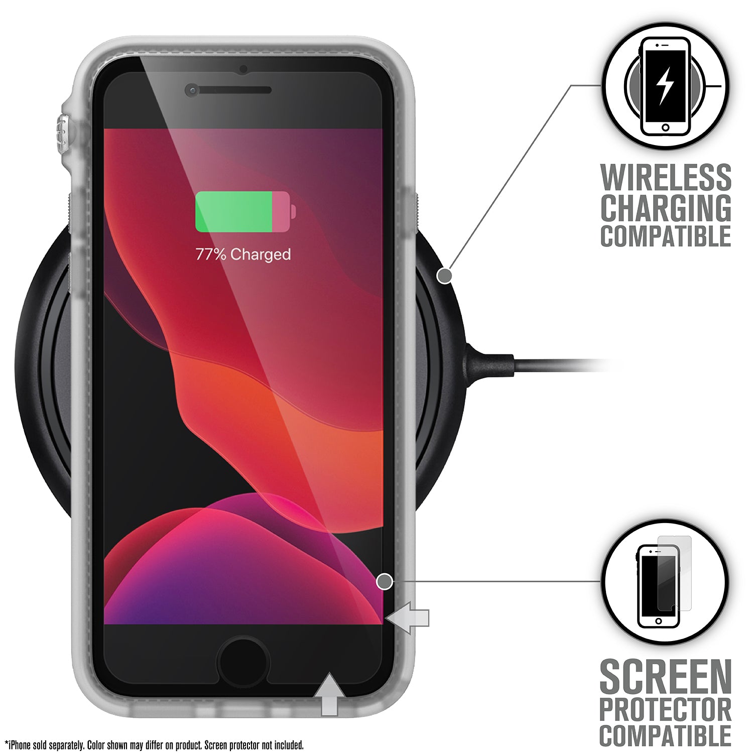 Catalyst iphone 8/7 impact protection case showing wireless charging in a clear colorway text reads wireless charging compatible screen protector compatible