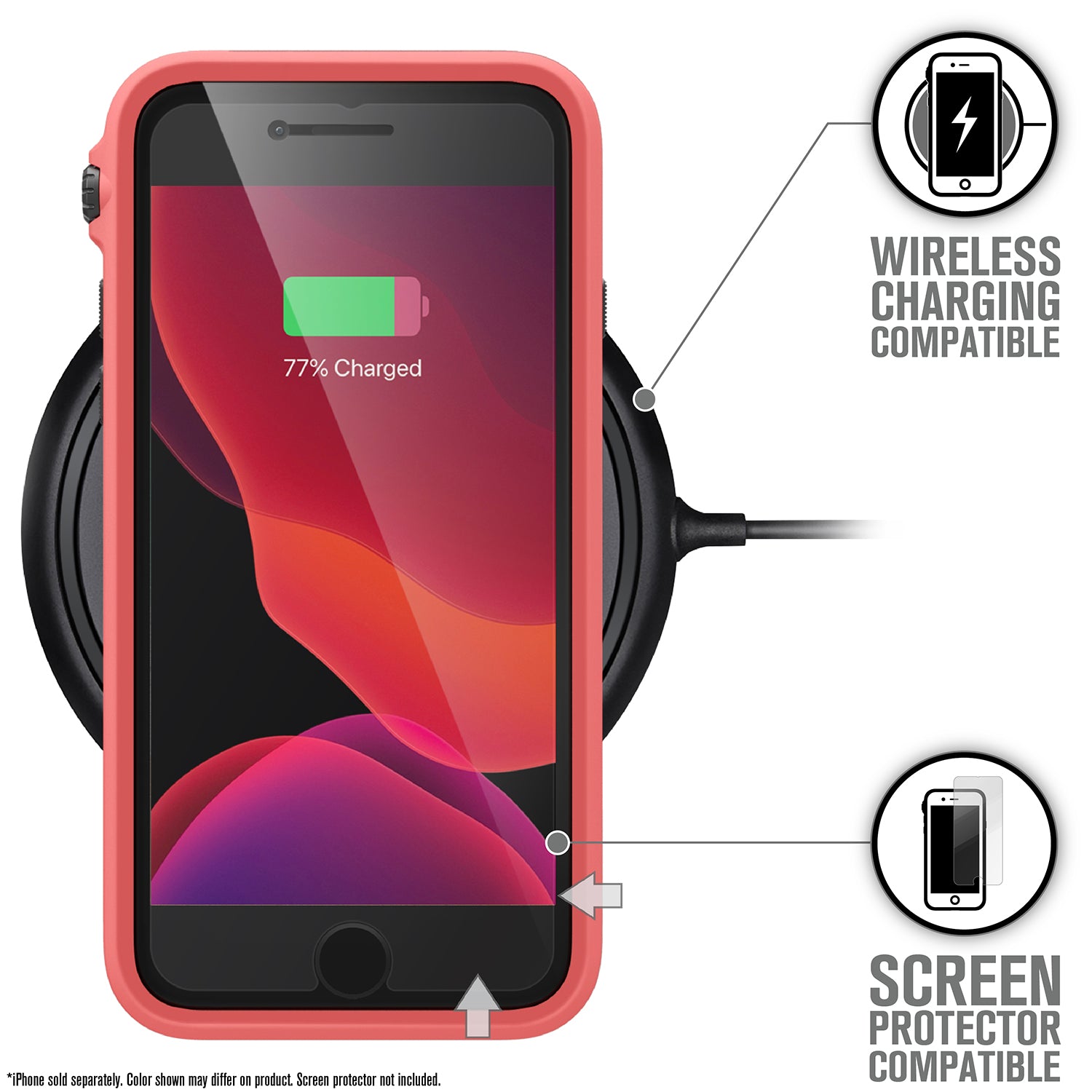 Catalyst iphone 8/7 impact protection case showing wireless charging in a coral colorway text reads wireless charging compatible screen protector compatible