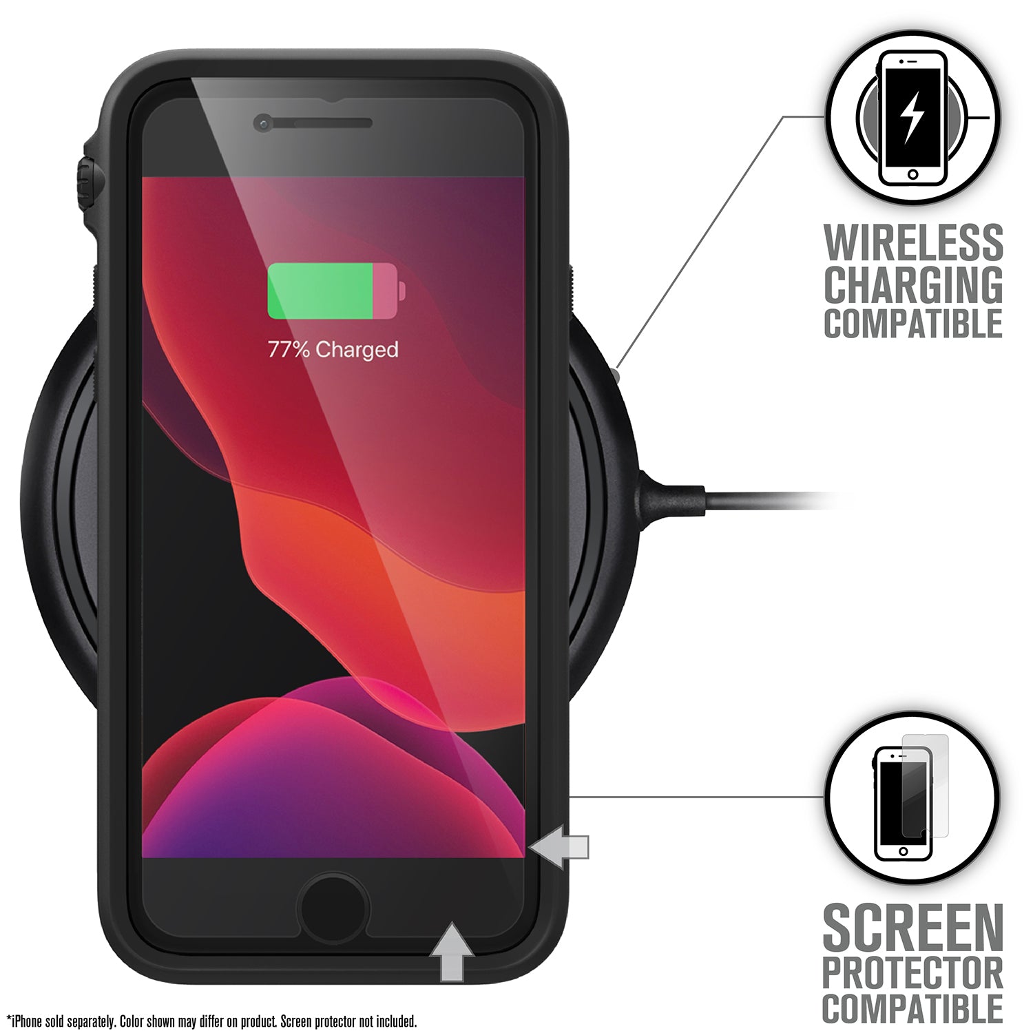 Catalyst iphone 8/7 impact protection case showing wireless charging in a stealth black colorway text reads wireless charging compatible screen protector compatible