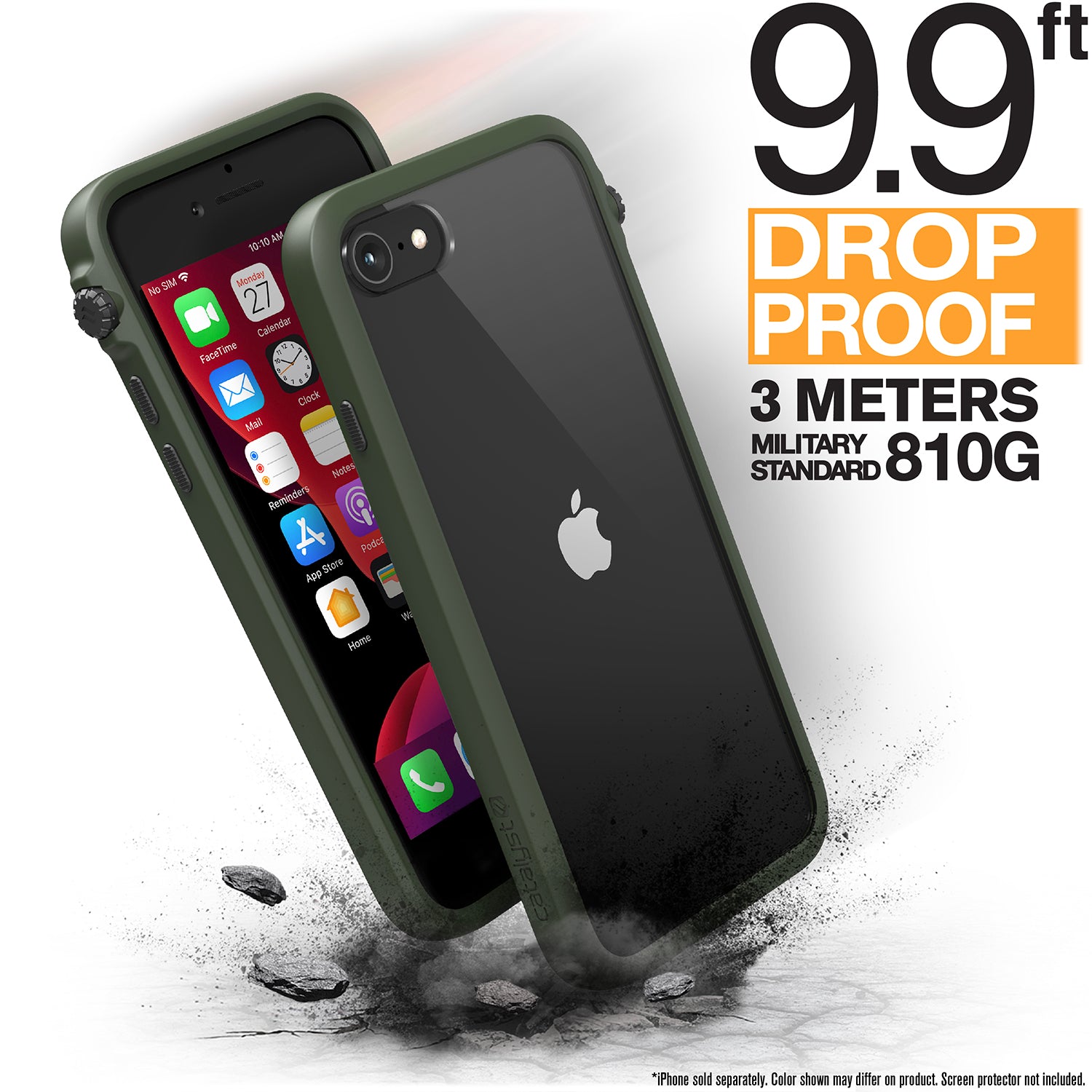 Catalyst iphone 8/7 impact protection case showing how drop proof the case is in a army green colorway text reads 9.9 ft drop proof 3 meters military standard 810g