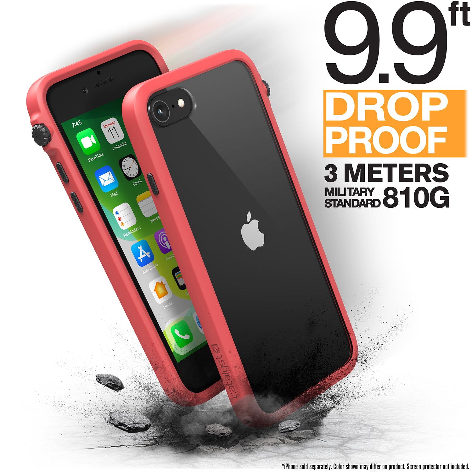 Catalyst iphone 8/7 impact protection case showing how drop proof the case is in a coral colorway text reads 9.9 ft drop proof 3 meters military standard 810g