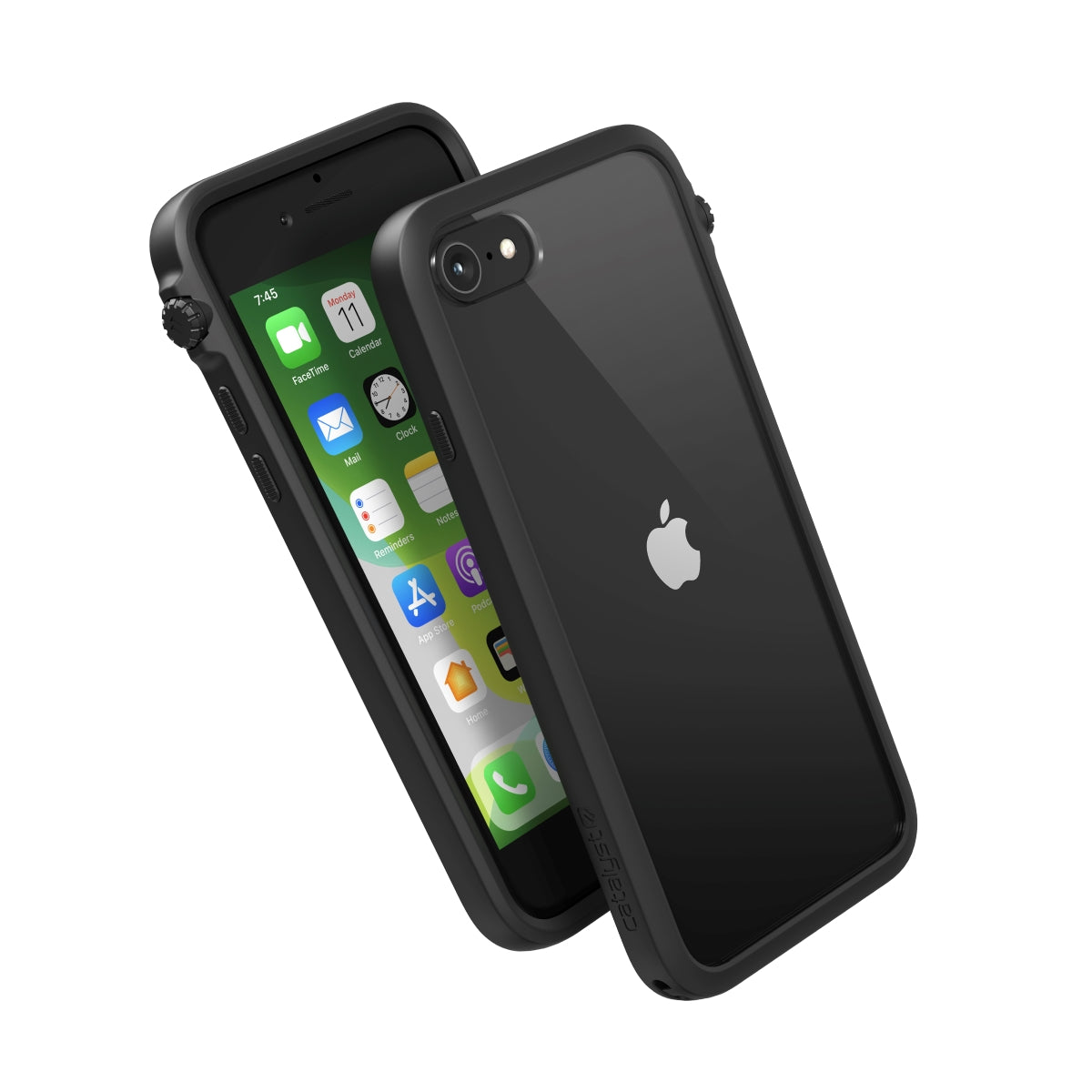 Catalyst iphone 8/7 impact proterction case showing the side front and back view of the case in a stealth black colorway