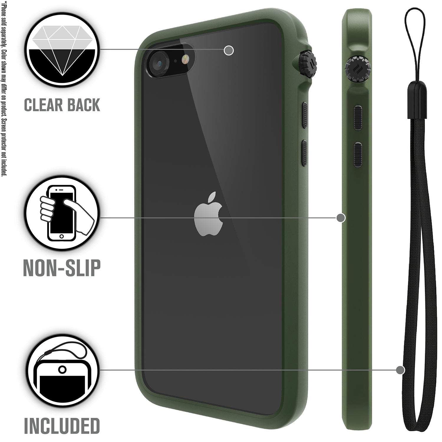Catalyst iphone 8/7 impact protection case showing the case features with lanyard in a army green colorway text reads clear back non-slip included 