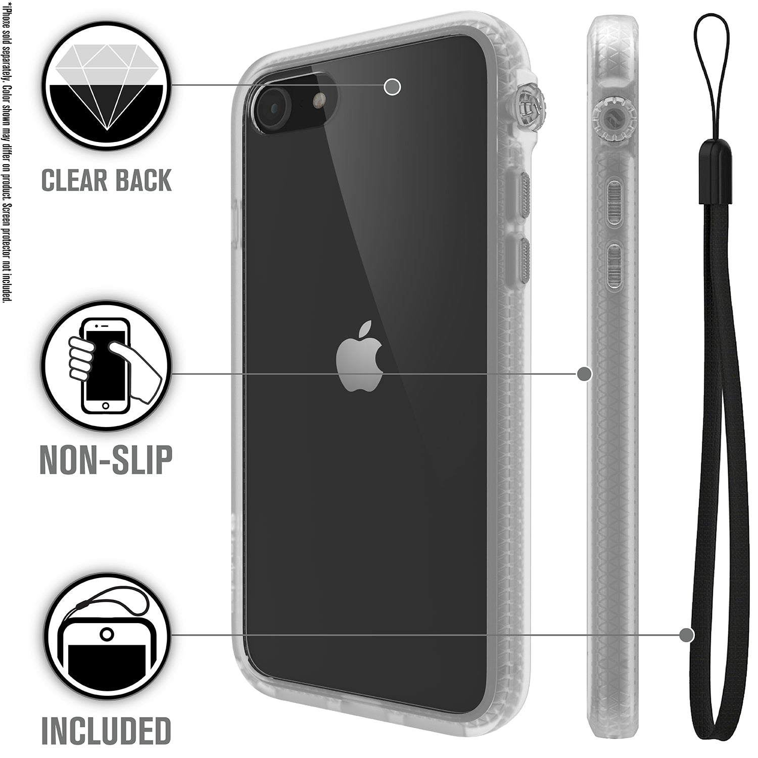 Catalyst iphone 8/7 impact protection case showing the case features with lanyard in a clear colorway text reads clear back non-slip included