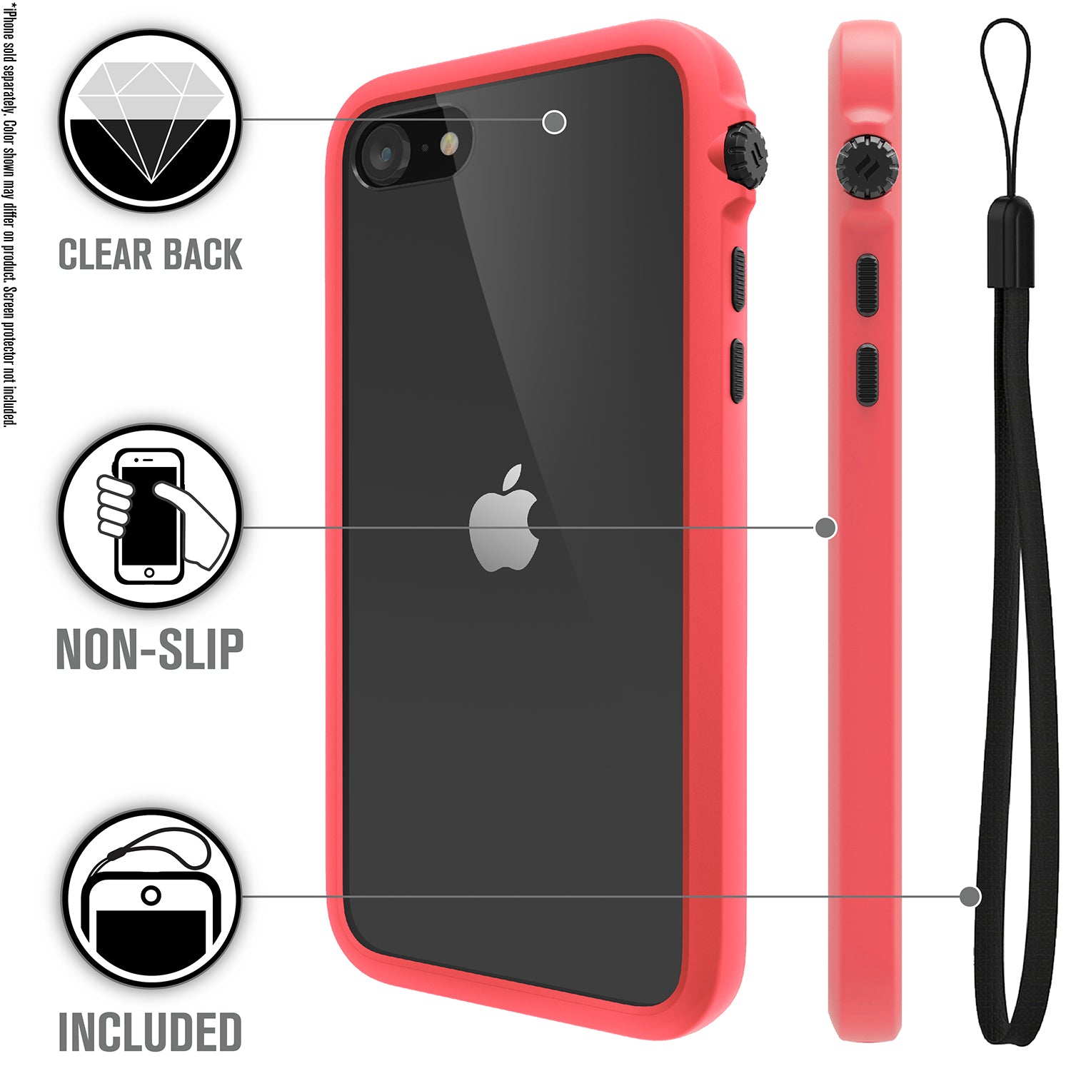 Catalyst iphone 8/7 impact protection case showing the case features with lanyard in a coral colorway text reads clear back non-slip included