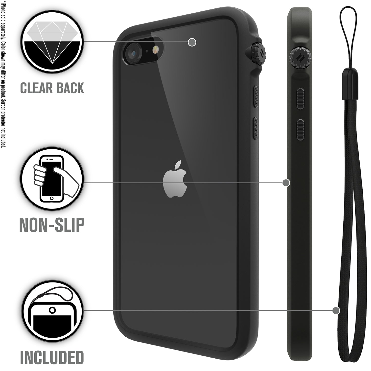 Catalyst iphone 8/7 impact protection case showing the case features with lanyard in a stealth black colorway text reads clear back non-slip included 